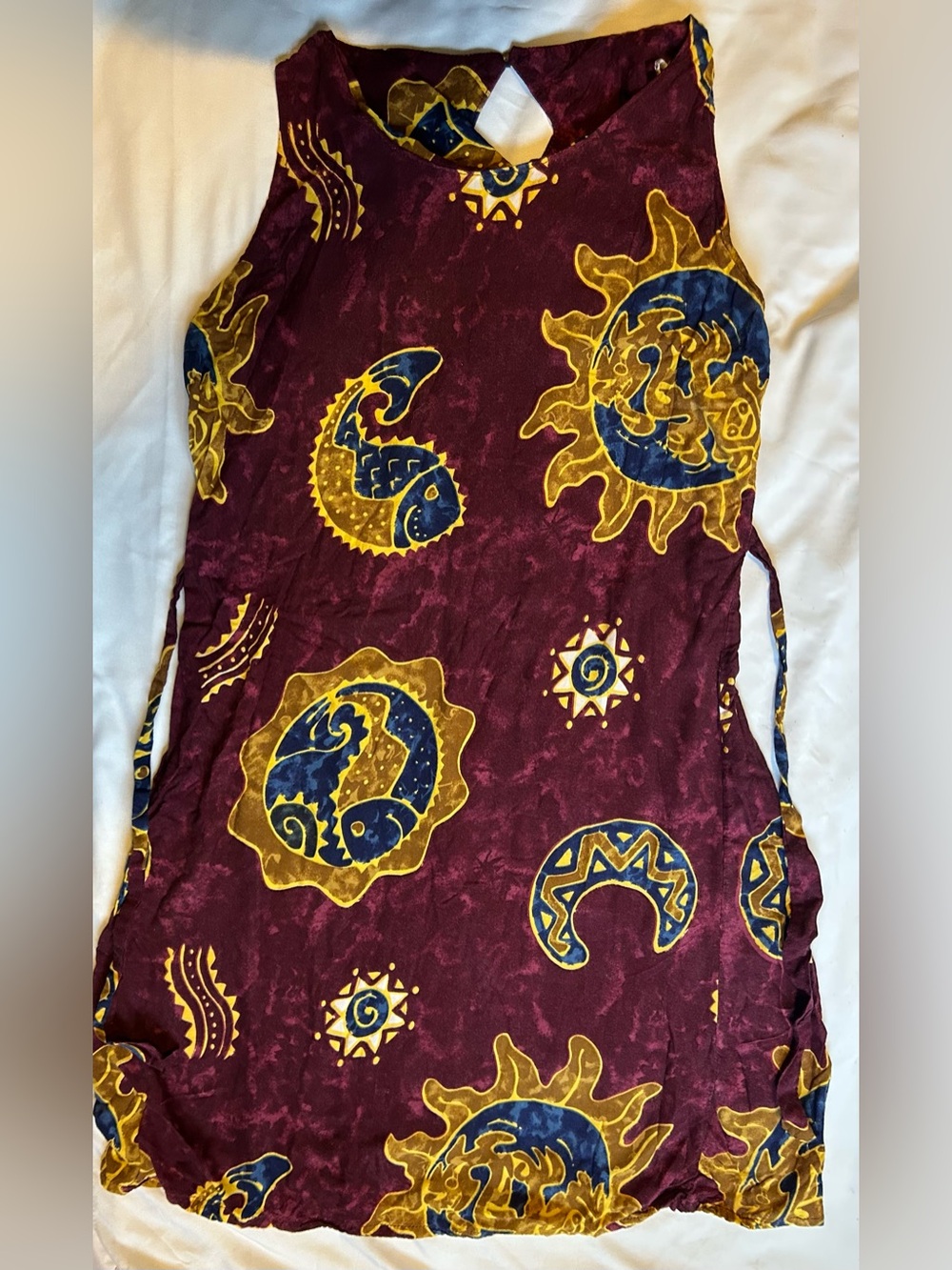 Hippie Style Vintage Dress in Burgundy with Yellow & Navy Sun/Celestial Print